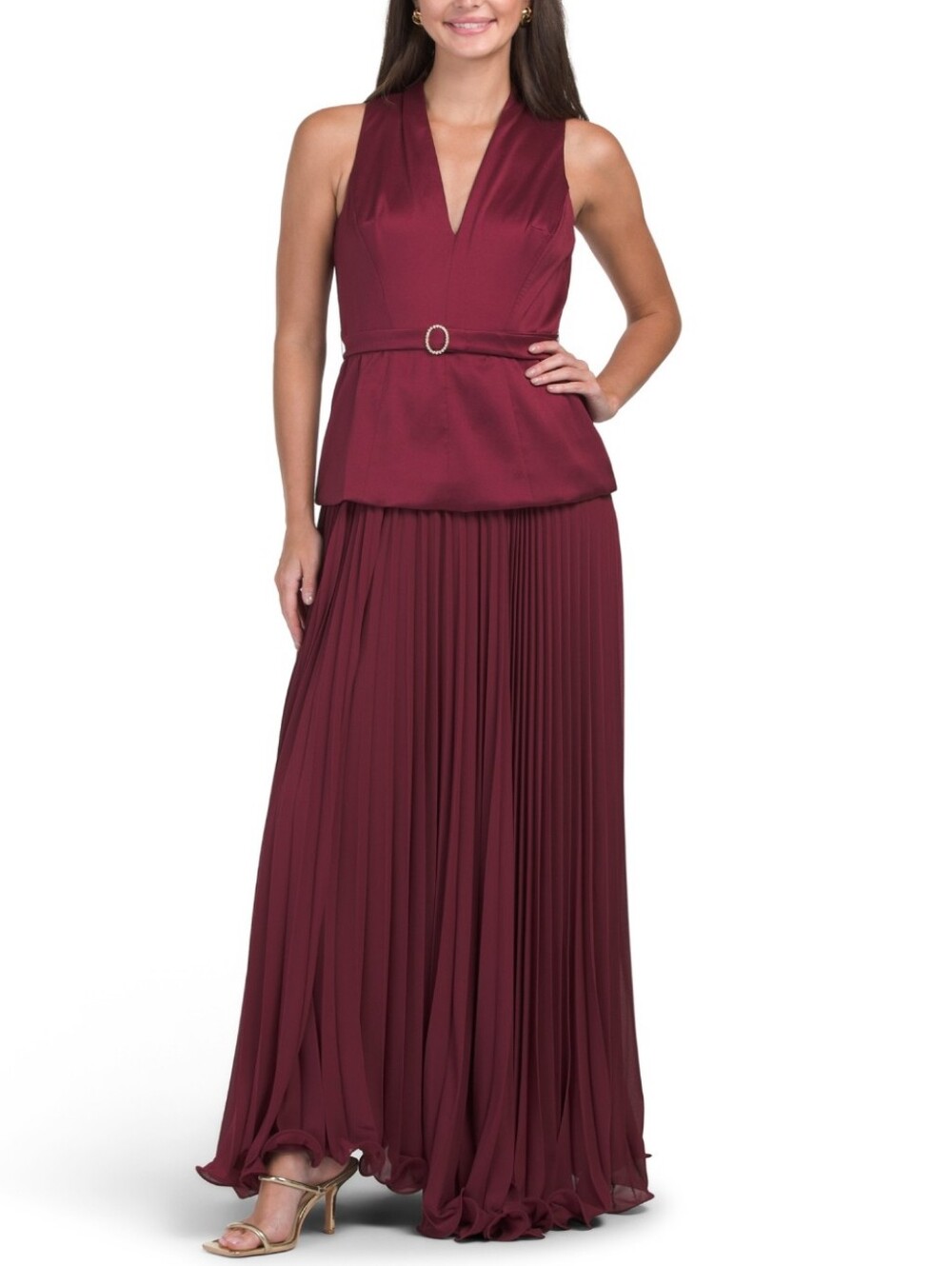 Taylor Women's Wine Satin Chiffon Pleated Skirt Gown